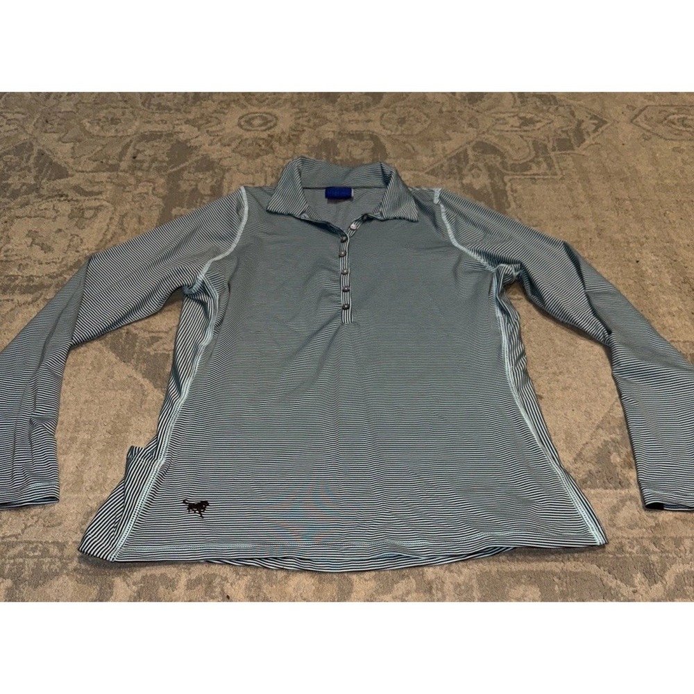 Irideon Womens Riding 1/2 Button Shirt Long Sleeve Sz Large Blue Striped